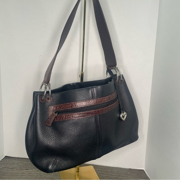 Brighton Brown/Black Hobo Leather Shoulder Bag Silver Heart Charm Purse - Picture 4 of 15